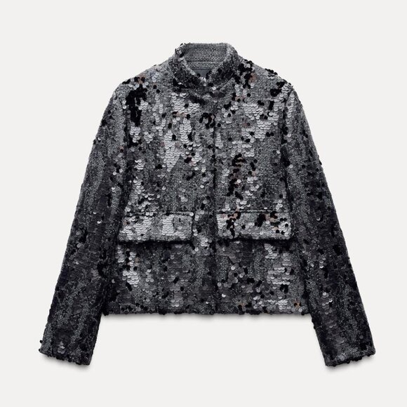 NWOT ZARA All Over Heavy Sequins Bloggers Fave Jacket / Blazer Black Medium Wool - Picture 7 of 12